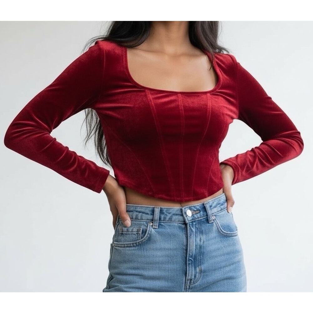Elodie RED VELVET Corset Style Top SIZE SMALL Womens Scoop Neck Whimsygoth Crop